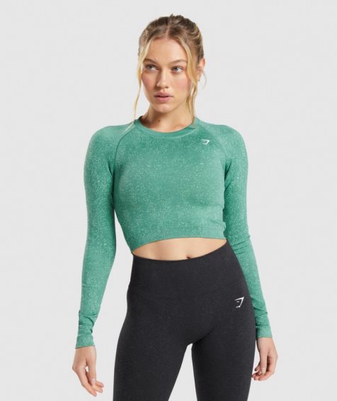 Women's Gymshark Adapt Fleck Seamless Long Sleeve Cropped Tops Green | NZ 5EQVPA